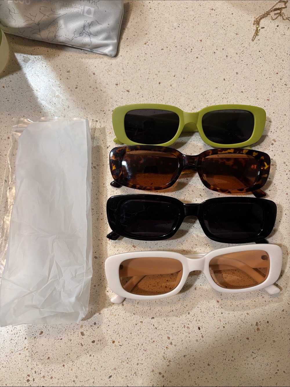 Set of 4 Rectangular Retro Sunglasses - Lime, Tortoise, Black, Pale Pink